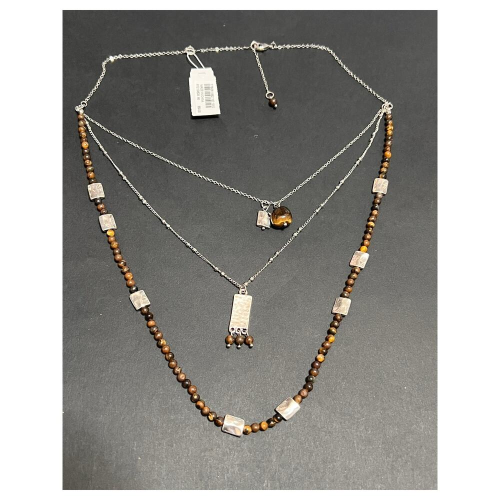 J. Jill Three Stranded Tiger-Eye Stones and Silvertone Pendants Necklace  NWT